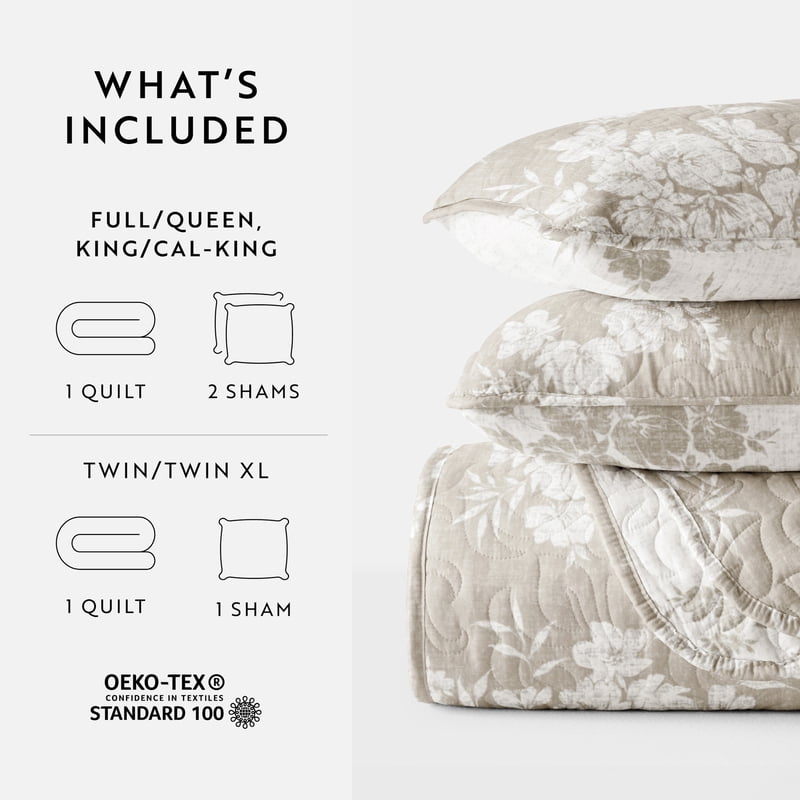 Queen Taupe Distressed Bouquet Reversible Quilt Set - Soft & Durable Bedding