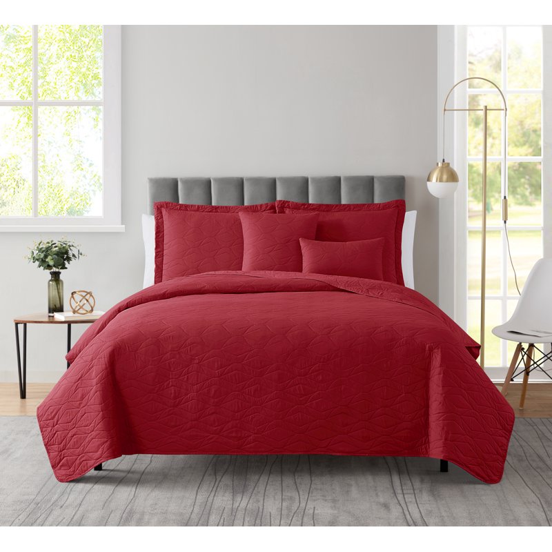 Queen Burgundy Red Quilt Set with Pillow Shams & Euro Shams - Ellipse Weave Microfiber