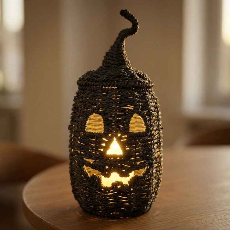 Halloween Black Woven Seagrass Pumpkin Storage Basket with Lid - 12.2 Inch