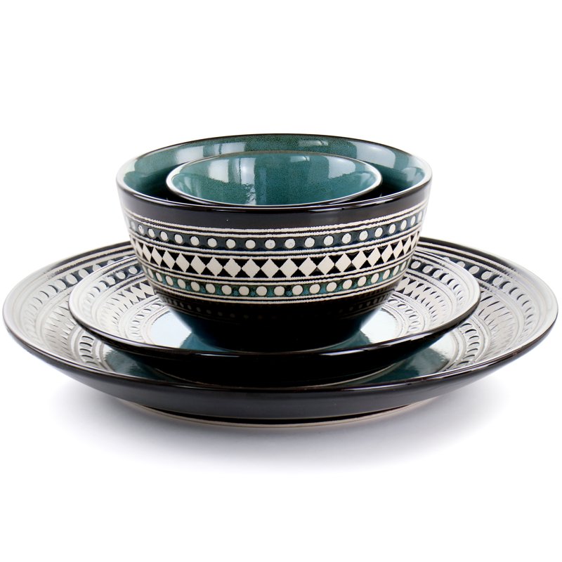 16 Piece Double Bowl Stoneware Dinnerware Set - Blue