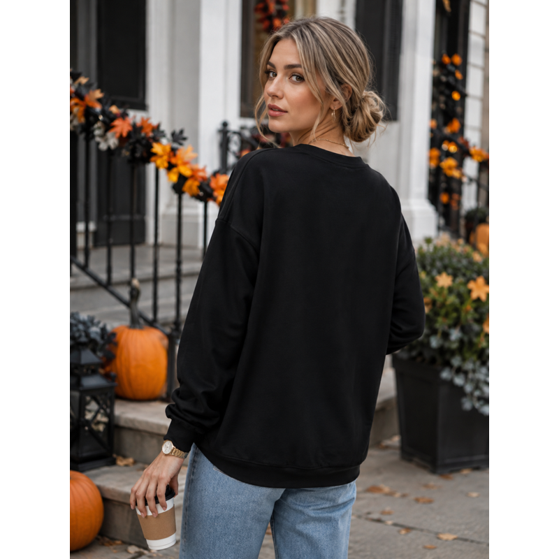 Black XXL Halloween Sweatshirt for Women Boo Embroidered Spooky Season Pullover