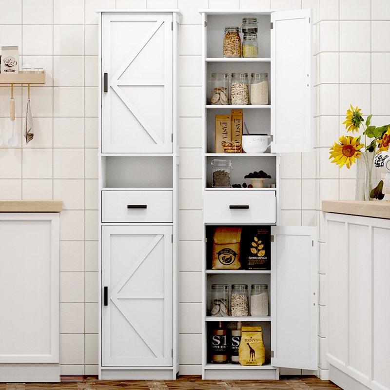 Floor Storage Cabinet - Wood Pantry Cabinet with Adjustable Shelves - White