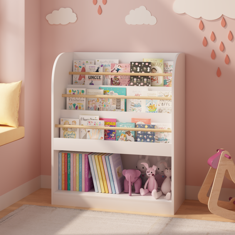 3-Tier Wooden Front-Facing Kids Bookshelf with Storage