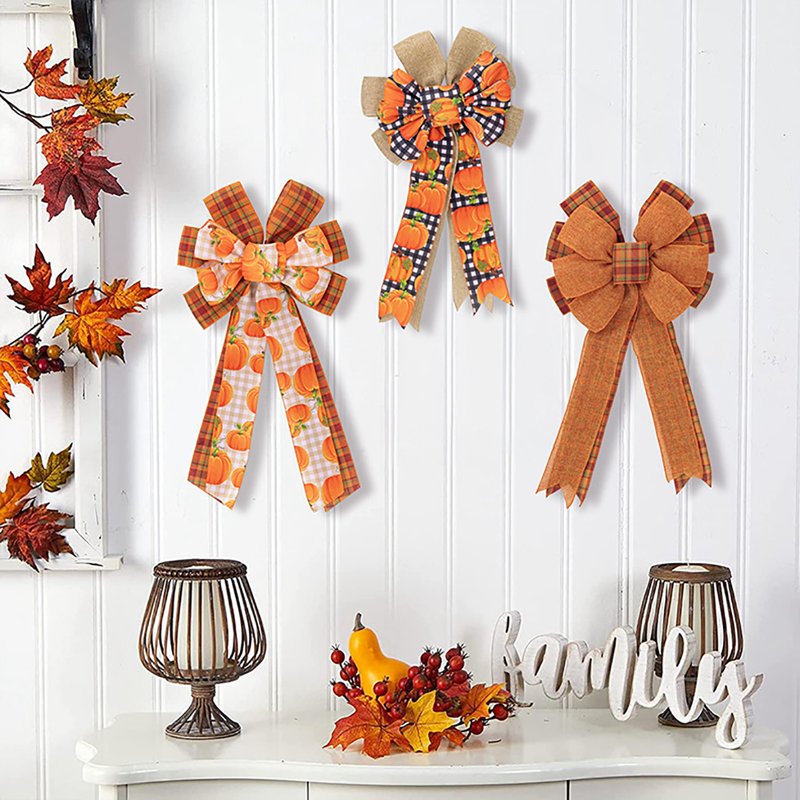 Thanksgiving Fall Bow for Wreaths & Decorations Plaid Burlap Pumpkin Bow