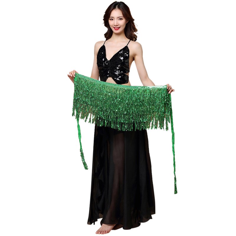 Green Plus Size Belly Dance Skirt with Sequins Tassels Belt for Women - Hip Wrap Outfit