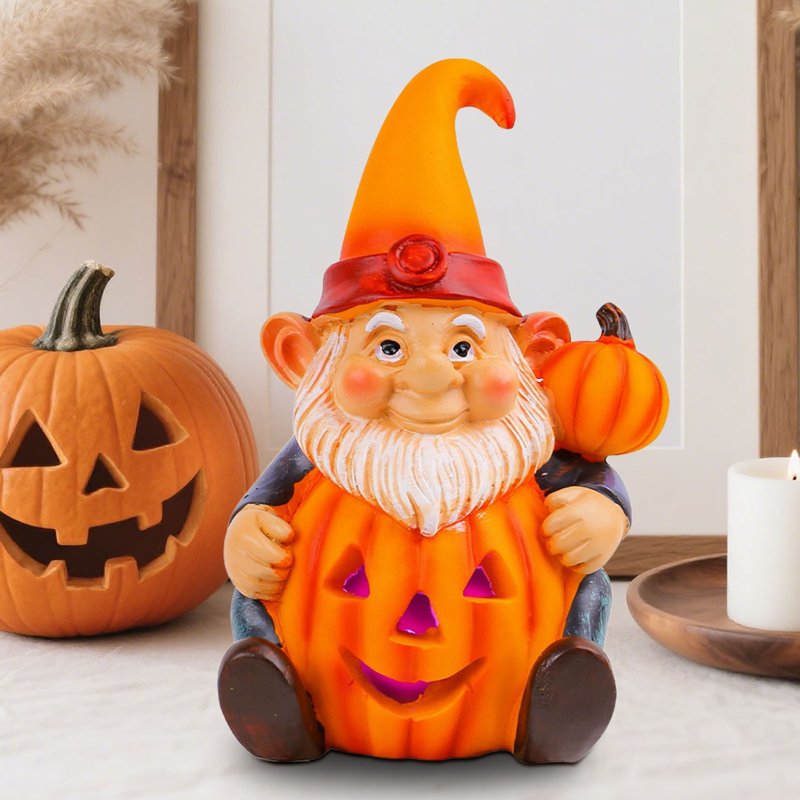 Luminous Halloween Pumpkin Gnome Ornament - Resin Garden Statue with Old Man Design - Variation #354B