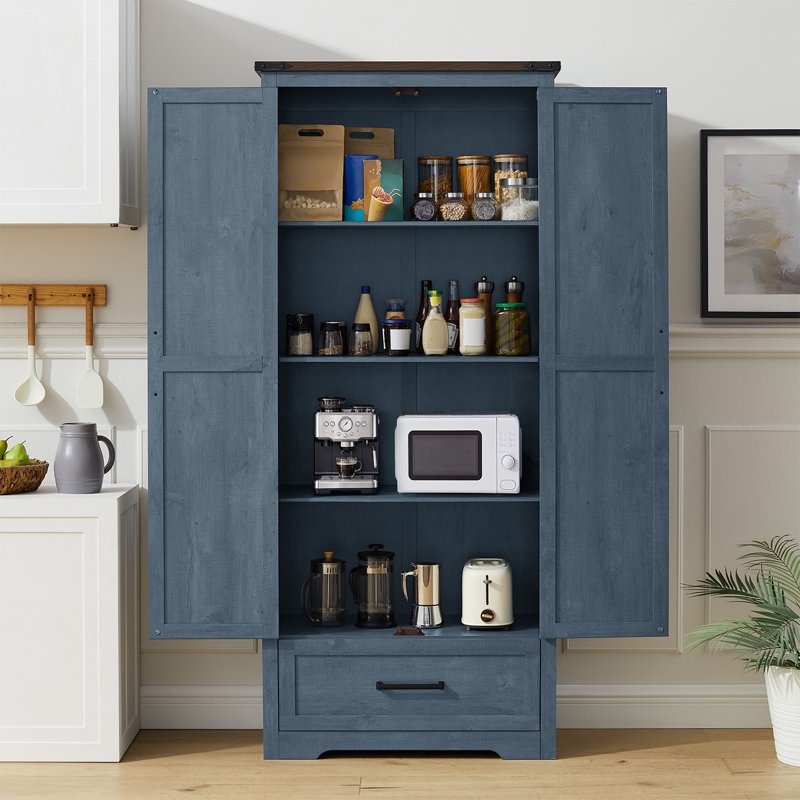 72" Farmhouse Kitchen Pantry Cabinet with Barn Doors - Blue