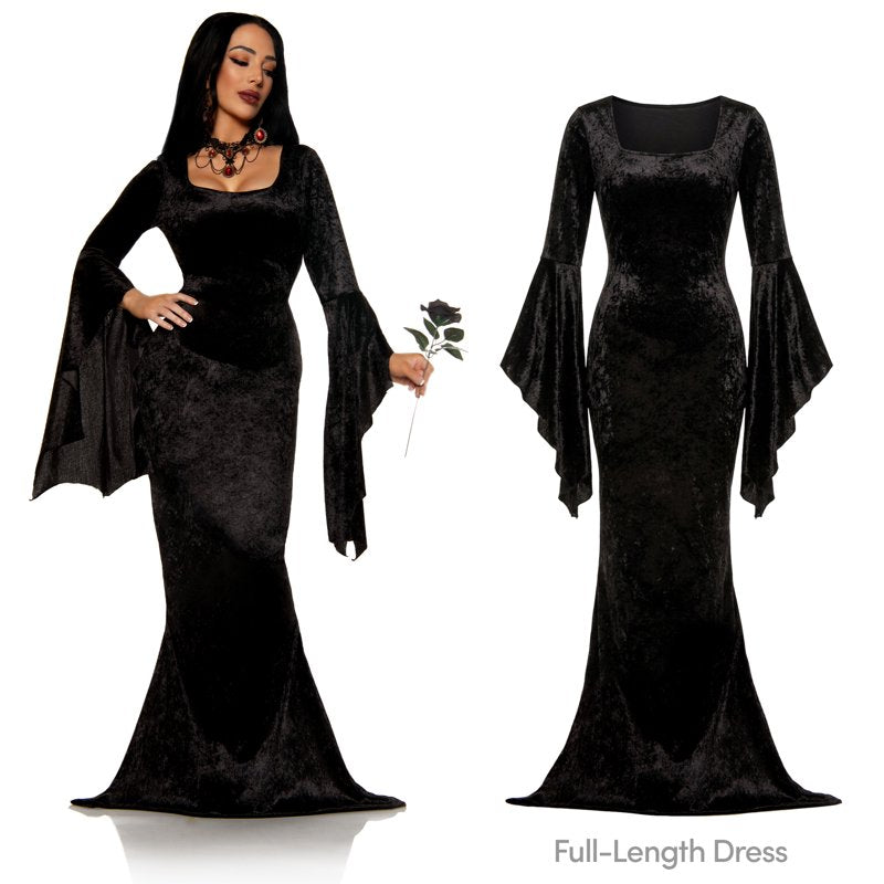Gothic Long Velvet Dress for Women Halloween Costume Witch Cosplay Vampire (Small 4-6) - Flared Sleeves & Floor-Length