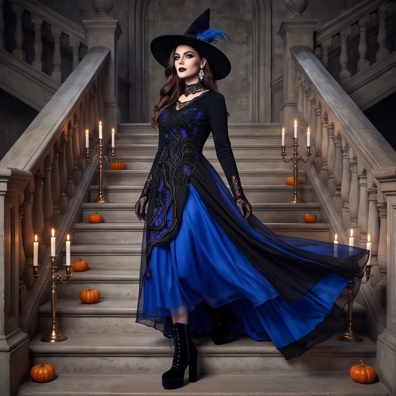 Blue Women's Gothic Witch Costume Dress M - Halloween Lace Maxi Gown