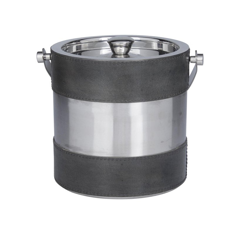Round Handmade Gray Leather Ice Bucket with Lid - 8" x 7"