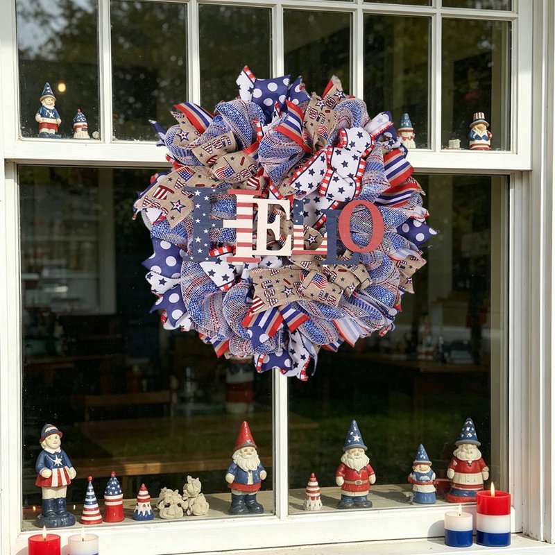 Patriotic Wreath for Front Door - Independence Day Artificial Decor - Variation 0H