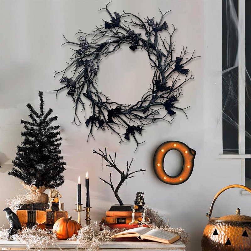 Halloween Wreath - Black Bats & Bare Branches Gothic Decor - Variation A