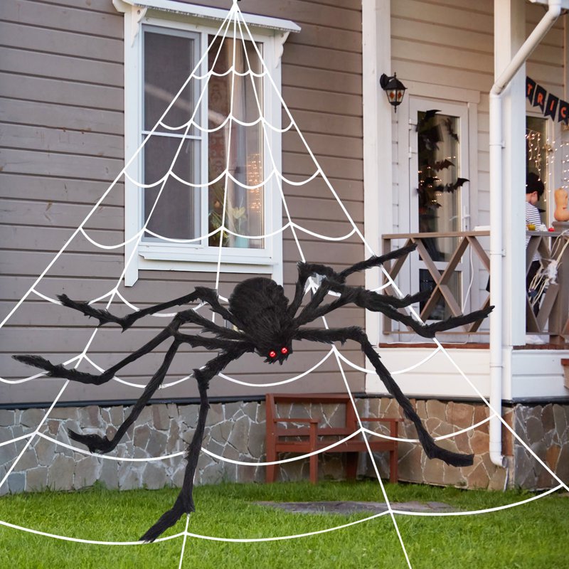 White Halloween Spider Web Decorations with Giant Fake Spider and Triangular Web - Indoor & Outdoor Yard & Party Decor