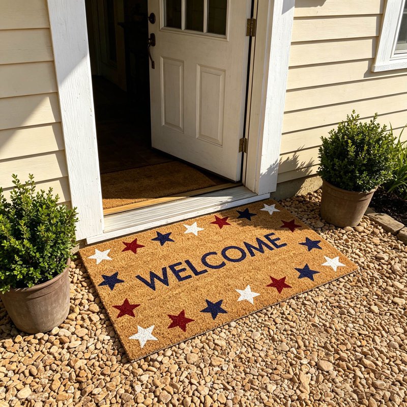 Patriotic Door Mat 4th of July Bow Flag Floor Doormat - Welcome Non Slip Indoor Outdoor 20x30in