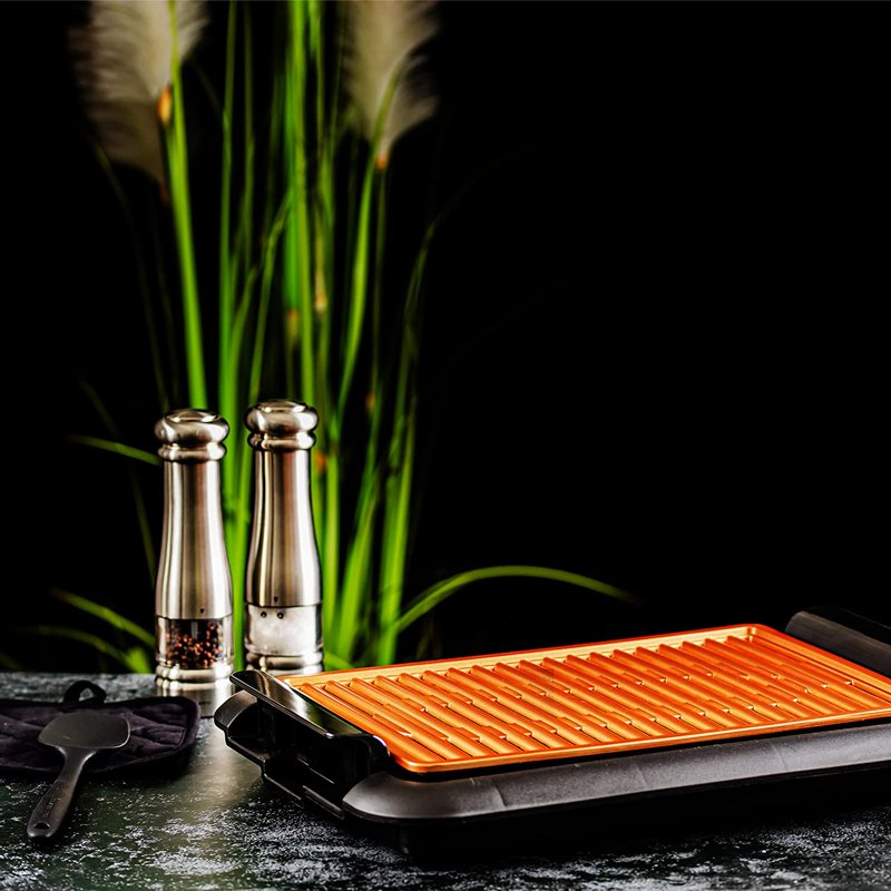 Electric Indoor Grill, 15x10 Inch Non-Stick Countertop Cooker - Copper