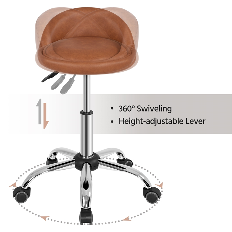 PU Leather Rolling Salon Stool with 360° Swivel - Brown