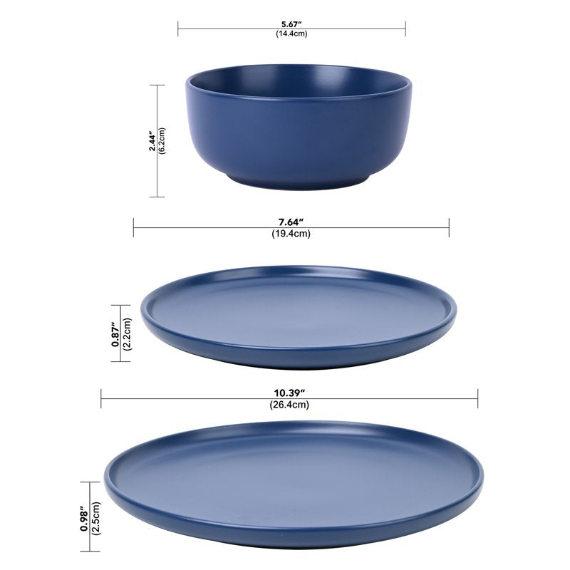 12-Piece Stoneware Dinnerware Set - Round Matte Washed Indigo