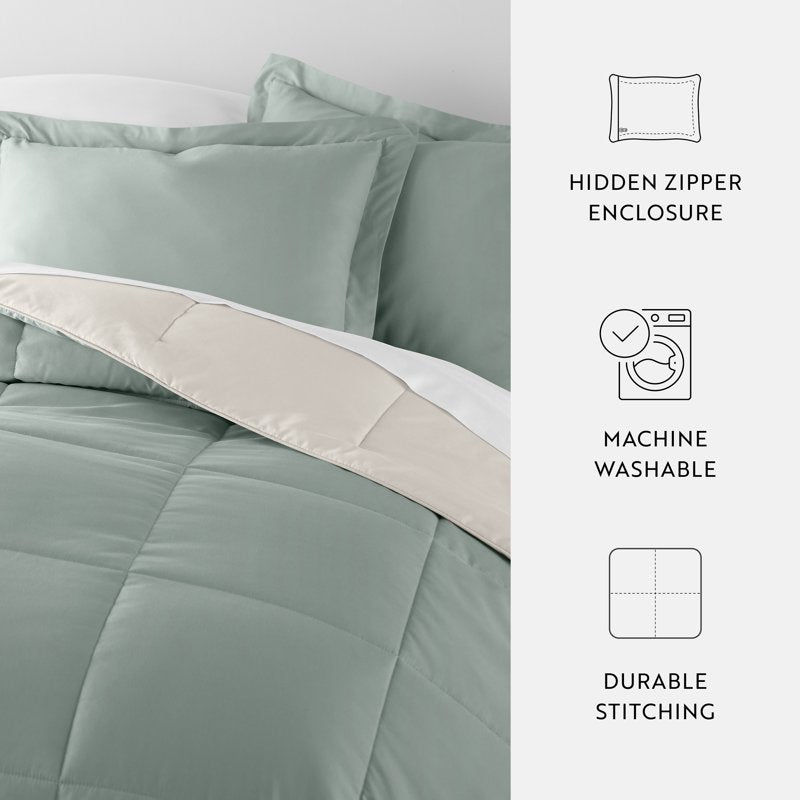 Reversible All-Season Down Alternative Comforter Set with Sham - Full/Queen Eucalyptus & Natural