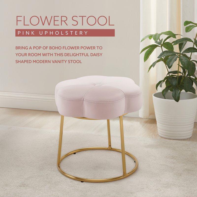 Boho Floral Plush Velvet Stool - Light Pink with Gold Base