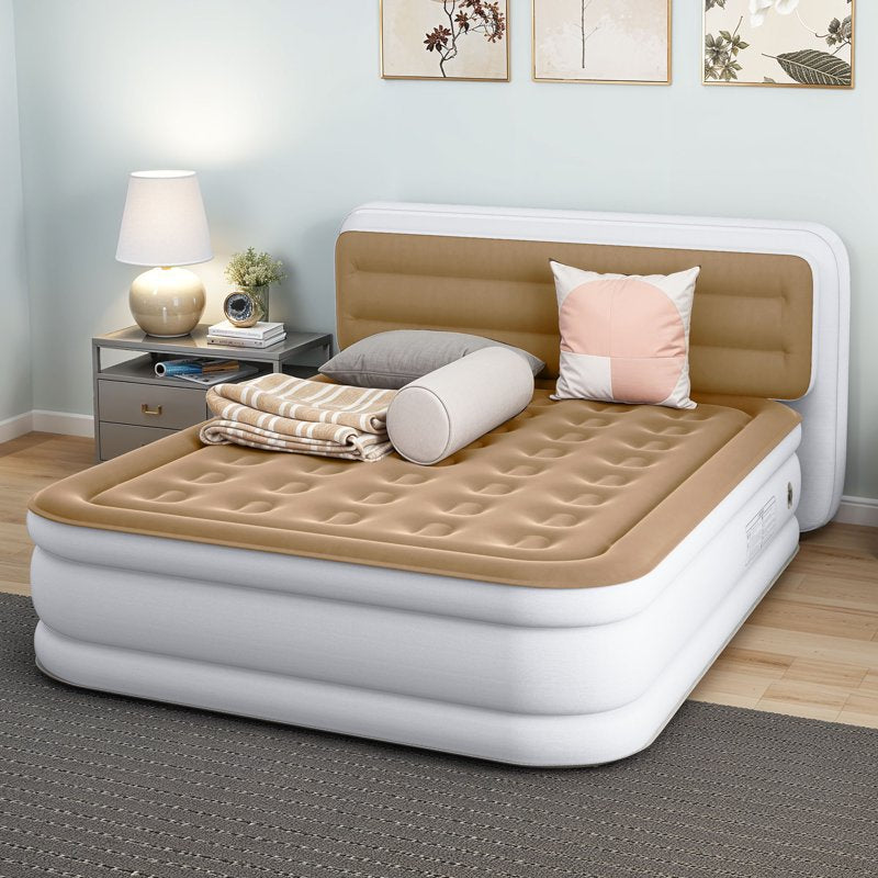 Queen Size Inflatable Air Mattress with Built-in Headboard and Pump - Durable Flocked Top, Portable for Indoor & Outdoor Use