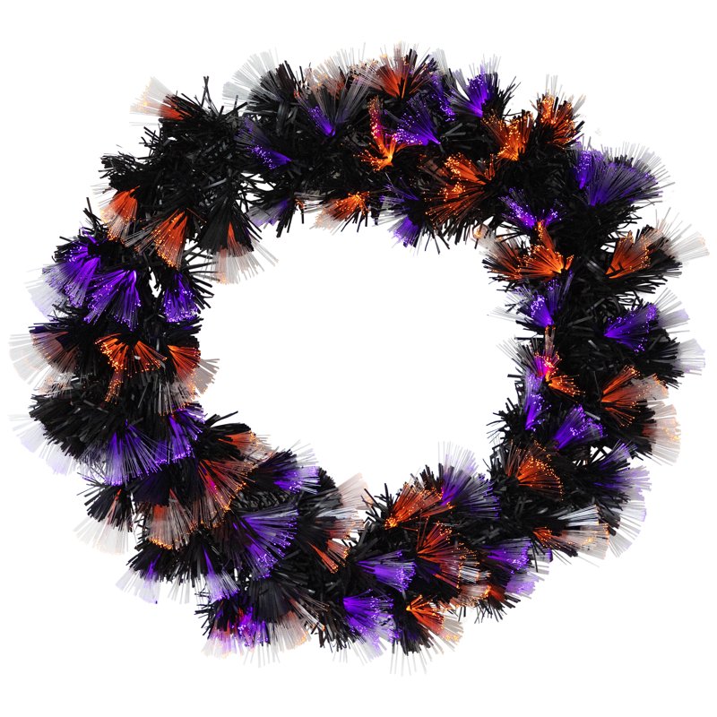 24-Inch Black Halloween Wreath with Orange and Purple LED Fiber Optic Lights