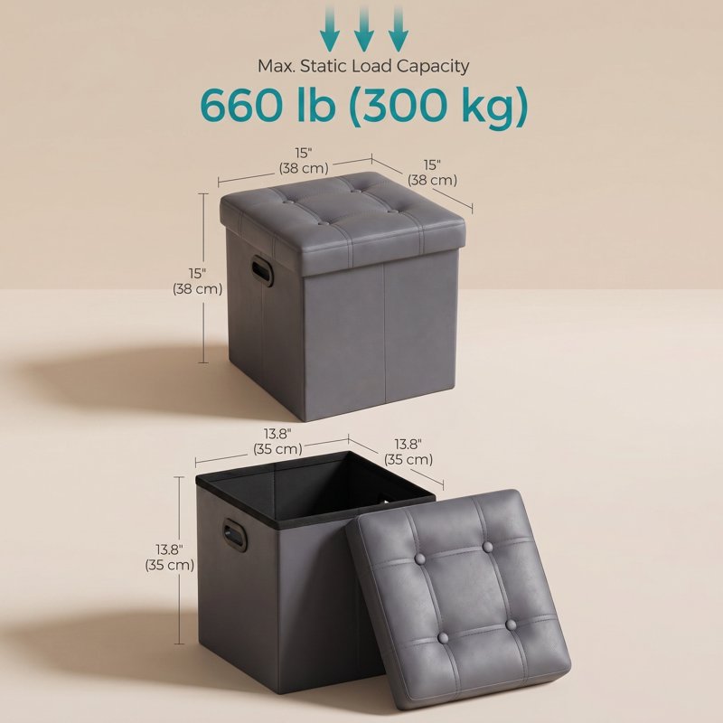 15-Inch Storage Ottoman - Dark Gray Synthetic Leather