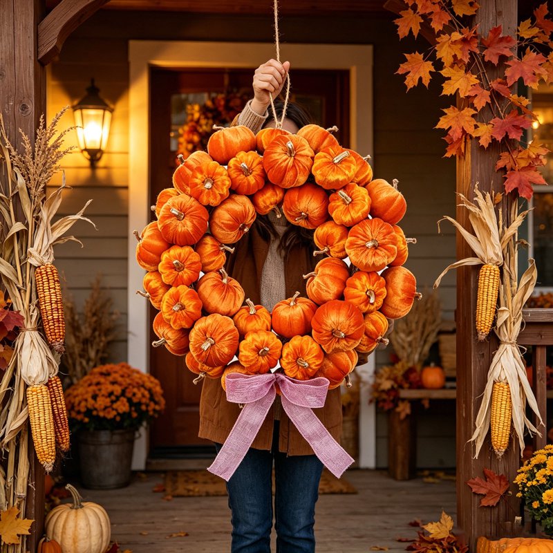 Artificial Fall Pumpkin Wreath with Bow - Orange Harvest Front Door Decor