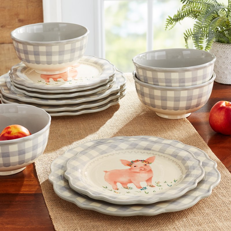 Gray Gingham 12-Piece Ceramic Dinnerware Set - Service for 4