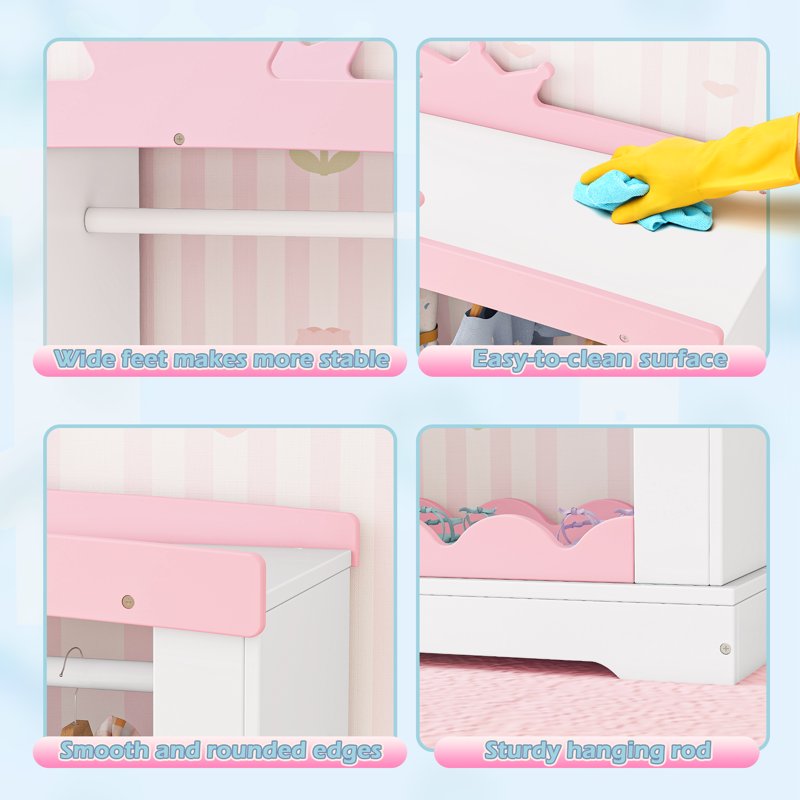 Kids Armoire with Mirror and Jewelry Storage - White Princess Style Wardrobe for Children