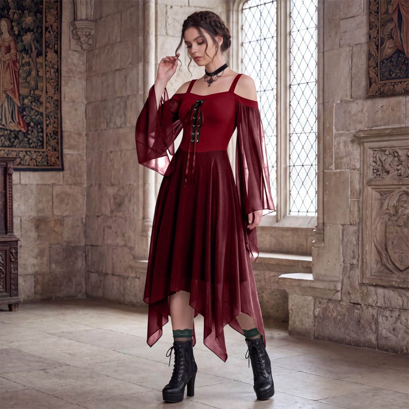 Halloween Witch Costume Women 2026 Bat Sleeve Dress Vampire Gothic Dress - Wine 2XL