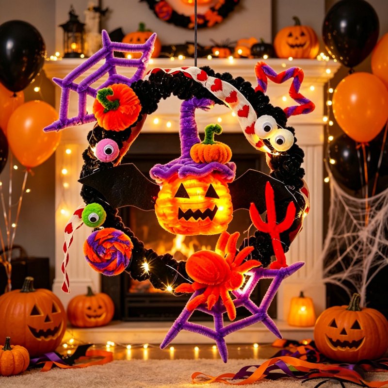 Halloween Wreath with Orange LED Pumpkin & Bats - Gothic Front Door Decor - Variation of Pumpkin & Bats