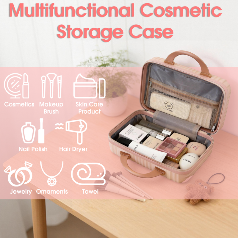 Hard Shell Makeup Case - Travel Cosmetic Organizer with Dividers - Pink