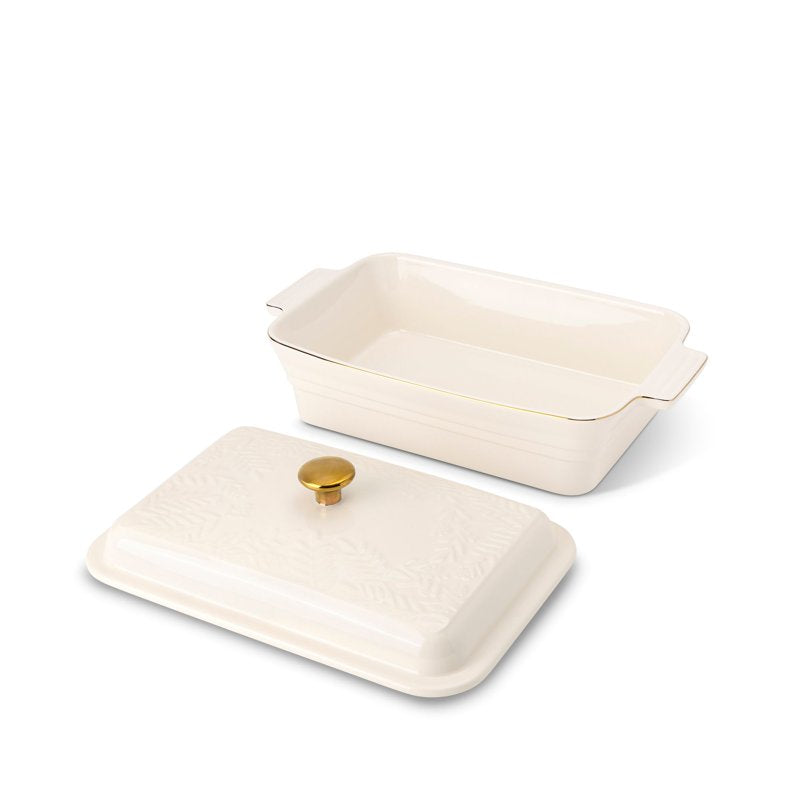 13-Inch Stoneware Covered Baking Dish - Embossed White