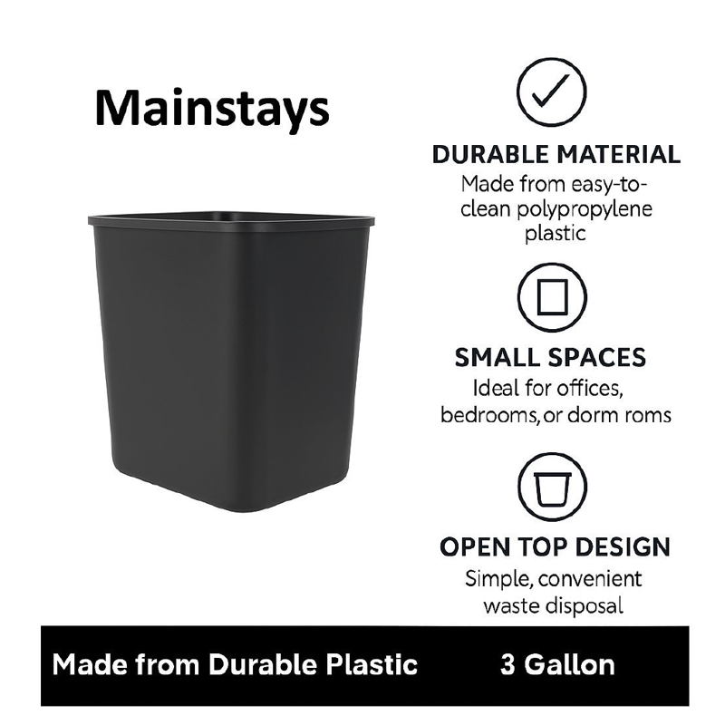 3 Gallon Plastic Open-Top Wastebasket - Black