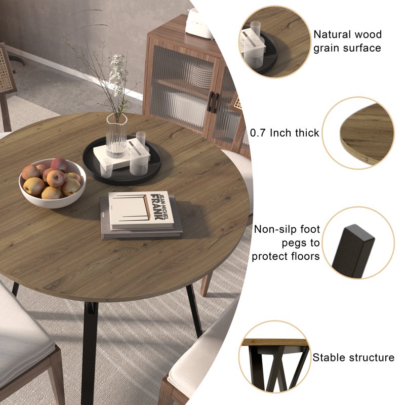 Round Dining Table for 4 - 35.4" Small Kitchen Table with Wood Top and Metal Legs