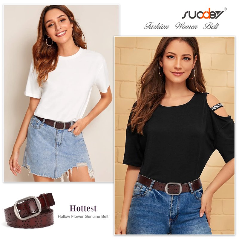 Women Leather Belt with Hollow Flower Design - Coffee, Fits Waist 25-35 Inches