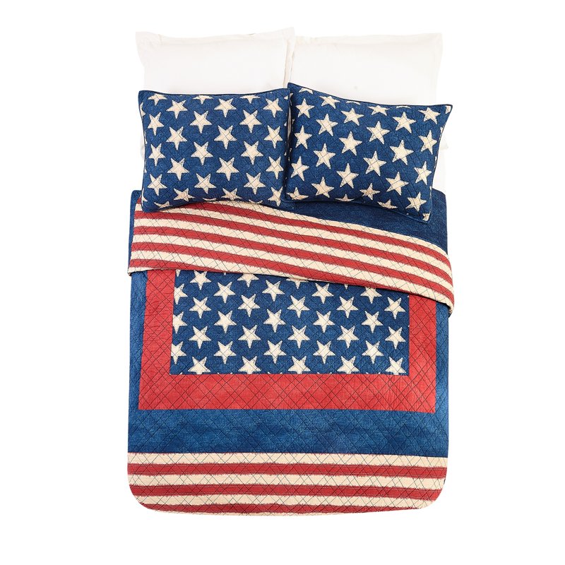 Cotton Quilt Set with Americana Patchwork - Full/Queen 3-Piece Blue Red