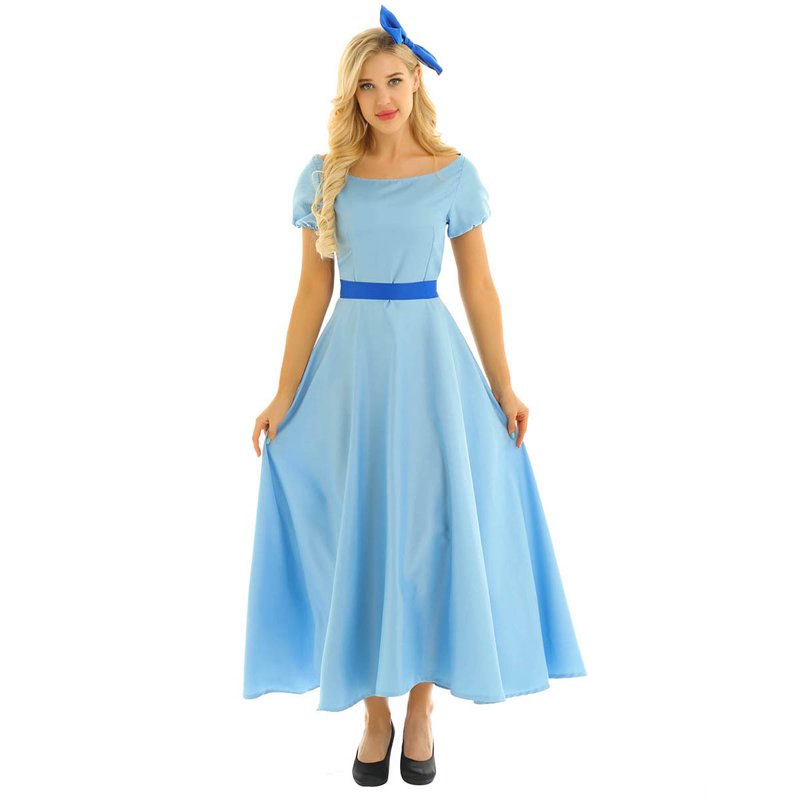 Light Blue Princess Cosplay Dress for Women Halloween Costume with Head Accessory & Belt - Large