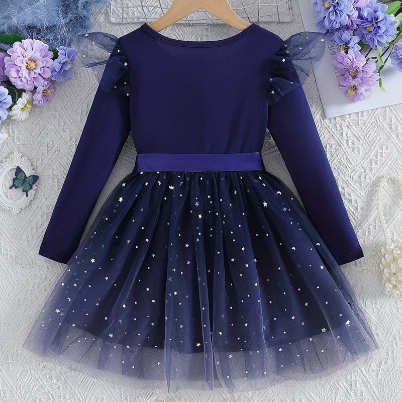 Blue Girl Long Sleeve Gradient Star Dress for Kids 1-2 Years - Formal Party Gown