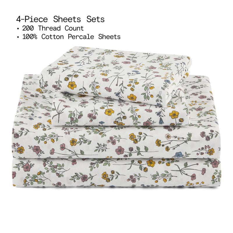 Queen 4-Piece Cotton Percale Sheet Set - White Botanical Print