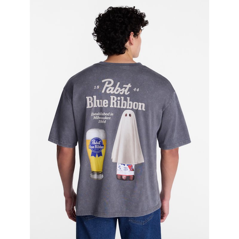 Grey Wash Halloween Graphic T-Shirt for Men - Pabst Blue Ribbon, Size L