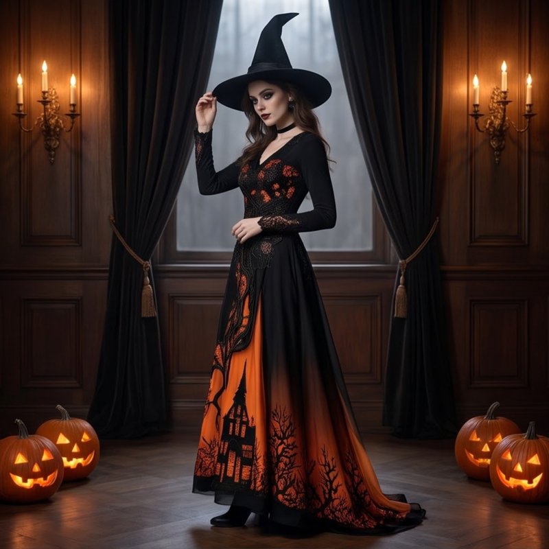 Women's Halloween Gothic Tree Thorn Pattern Lace Maxi Dress - Orange, L