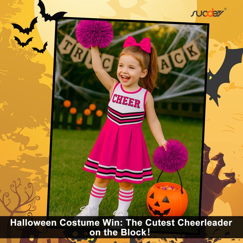 Girls Cheerleader Costume Set for 9-10 Years - Pink, Halloween Party Fancy Dress