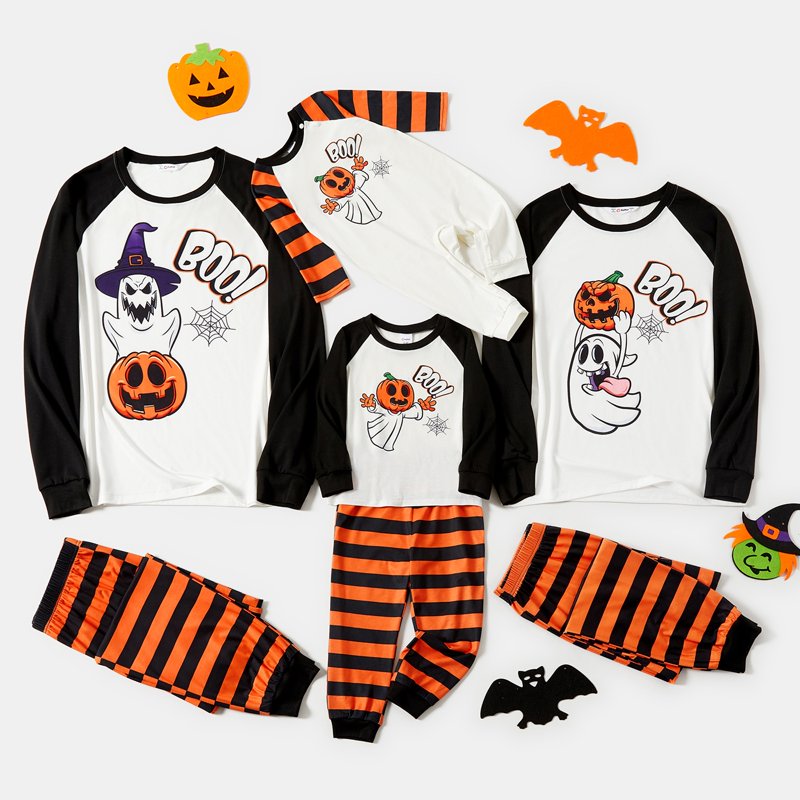 Halloween Pajamas Set for Kids - Pumpkin Ghost Print 2-Piece Long Sleeve & Striped Pants - Variation of 5-Stripe Pumpkin, 3-4Y