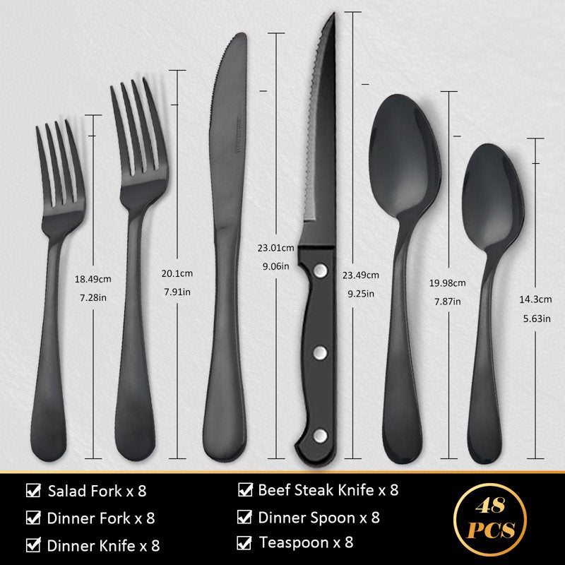 Stainless Steel Flatware Set for 8 - 48 Pieces, Black