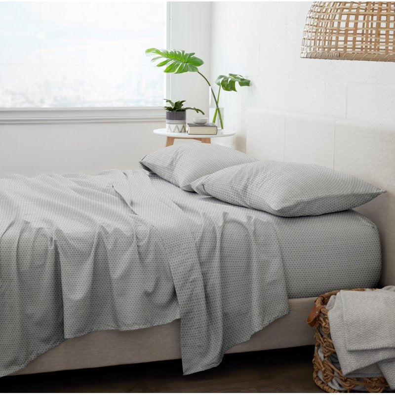 Twin Microfiber Bed Sheets Set - Light Gray Honeycomb Pattern