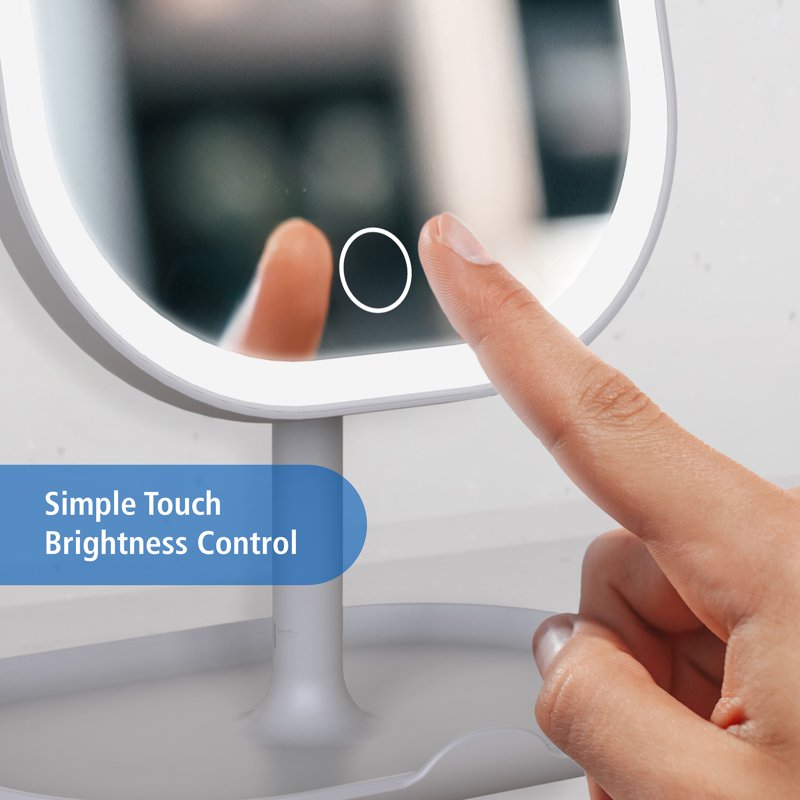 Rechargeable LED Vanity Mirror with 5x Magnification and Storage Tray
