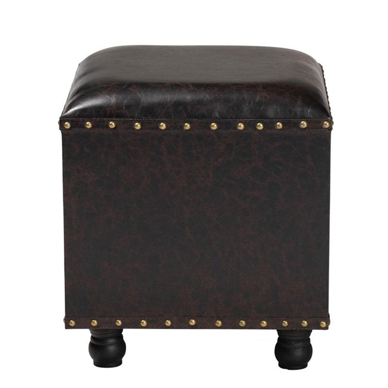 Rustic Faux Leather Storage Ottoman with Book Spine Drawer