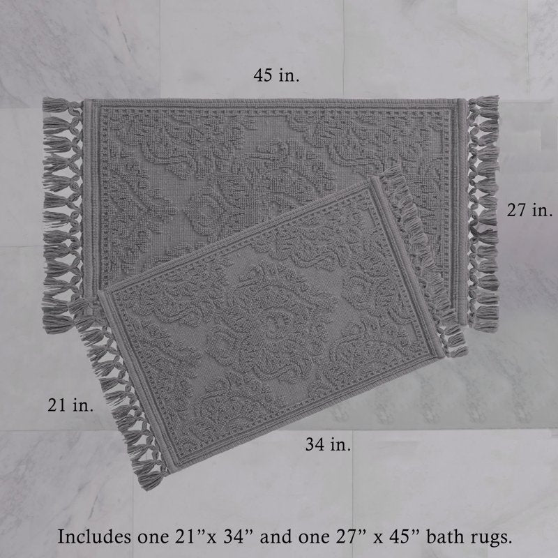 Cotton Fringe Bath Rug Set - Dark Gray 17 x 24 & 21 x 34 Inches - Bohemian Style, Soft & Absorbent