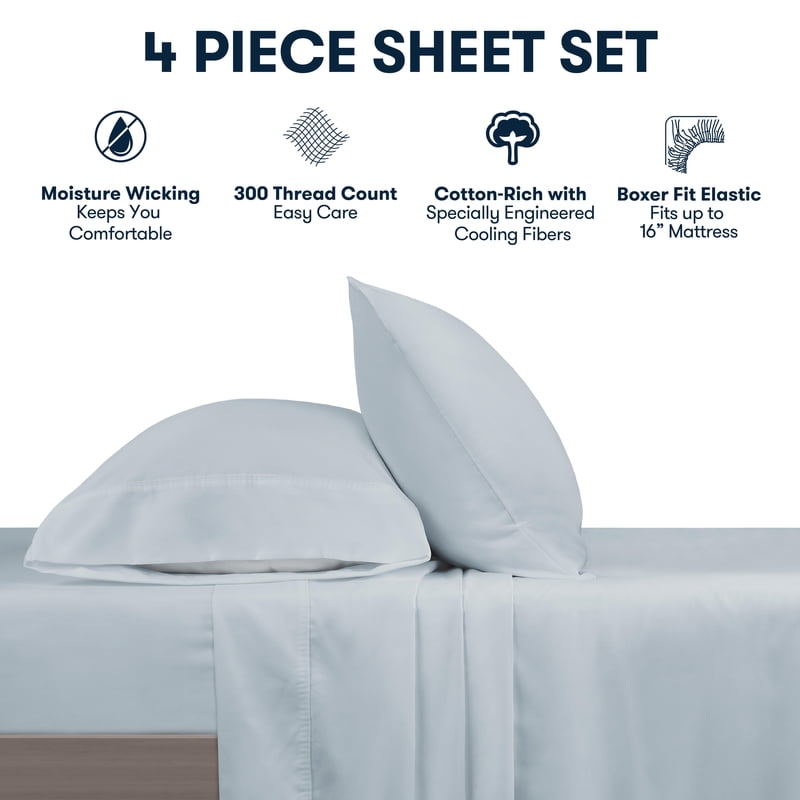 Serta So Cool Full Sheet Set - Angel Falls, Moisture-Wicking 300 Thread Count Cotton Blend, Sleep Cooler